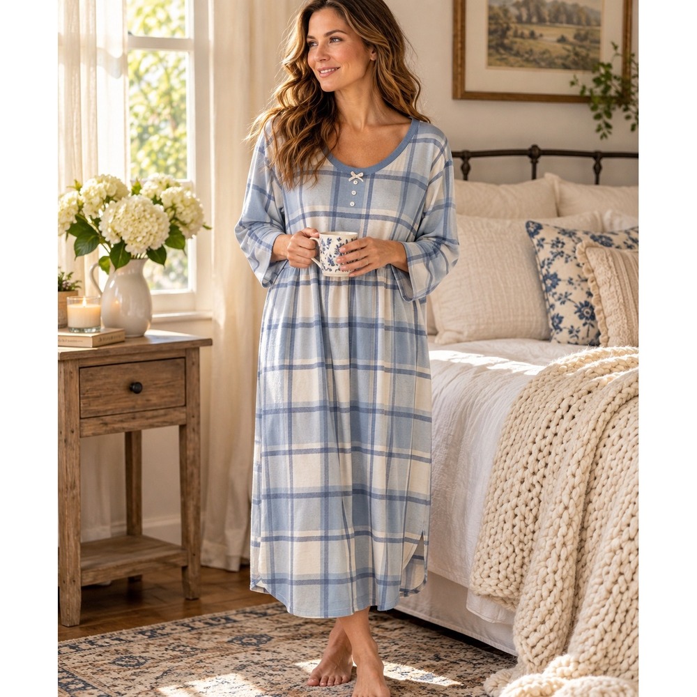 Sunday Brunch Blue White Plaid Empire Waist Nightgown Long Sleeve USA Made